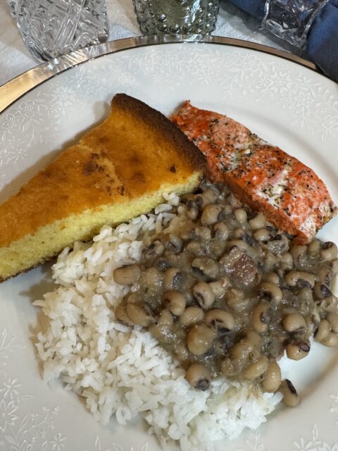 plated black eyed peas and rice